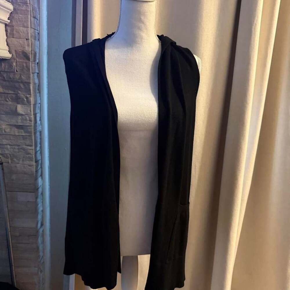 Verve Ami Hooded Longline Vest Size L Black Open Front Cardigan